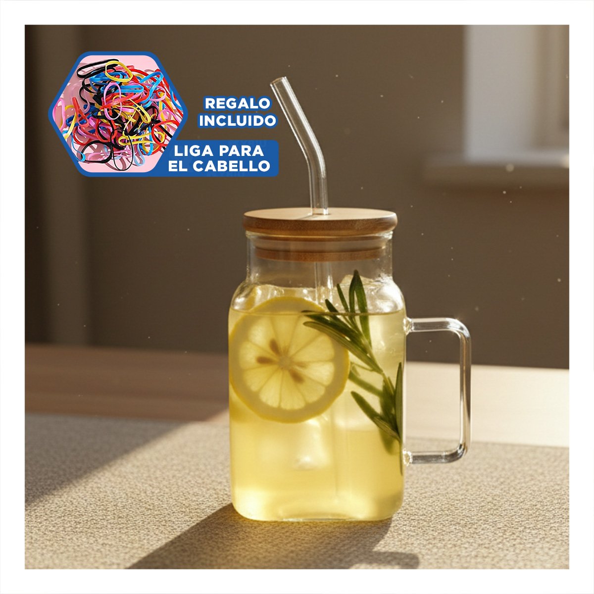 VASO RECTANGULAR TRANSPARENTE 500ML DE VIDRIO CON ASA TAPA Y SORBETE Y+LIGAS REGALO - 2
