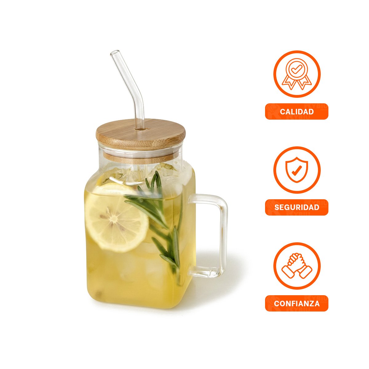 VASO RECTANGULAR TRANSPARENTE 500ML DE VIDRIO CON ASA TAPA Y SORBETE Y+LIGAS REGALO - 5