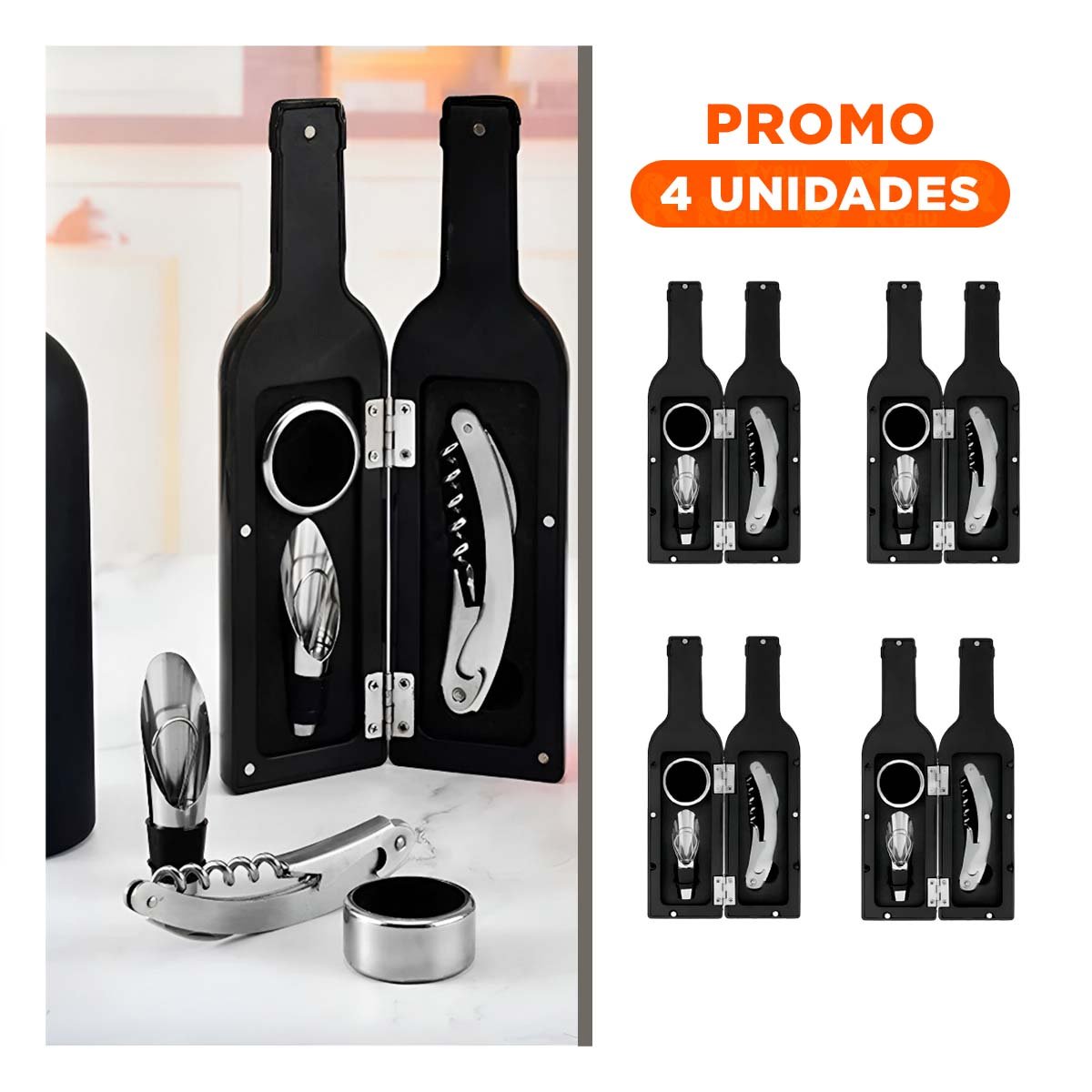 PACK4 JUEGO SACA CORCHO PEQUENO 4 PIEZAS NEGRO PRACTICO PARA HOGAR Y COMEDOR - 1