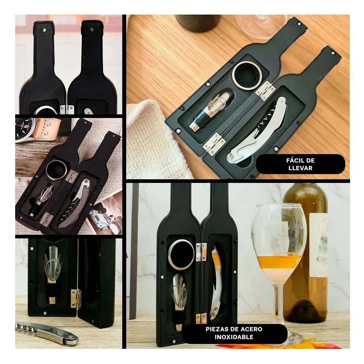 BOTELLA SACA CORCHO PEQUENO 4 PIEZAS NEGRO MODERNO PARA COCINA Y FIESTA Y+LIGAS REGALO - 1
