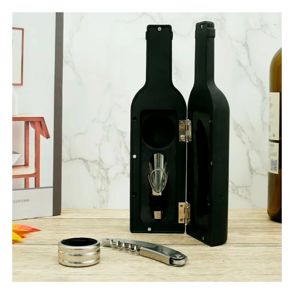 PACK2 JUEGO SACA CORCHO PEQUENO 4 PIEZAS NEGRO ELEGANTE PARA REUNIONES Y COCINA Y+PAPEL REGALO - 2