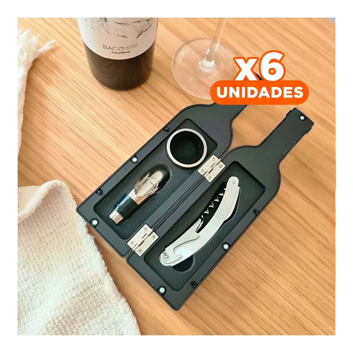 PACK6 SET SACA CORCHO PEQUENO 4 PIEZAS NEGRO MODERNO PARA REUNIONES Y EVENTOS - 1