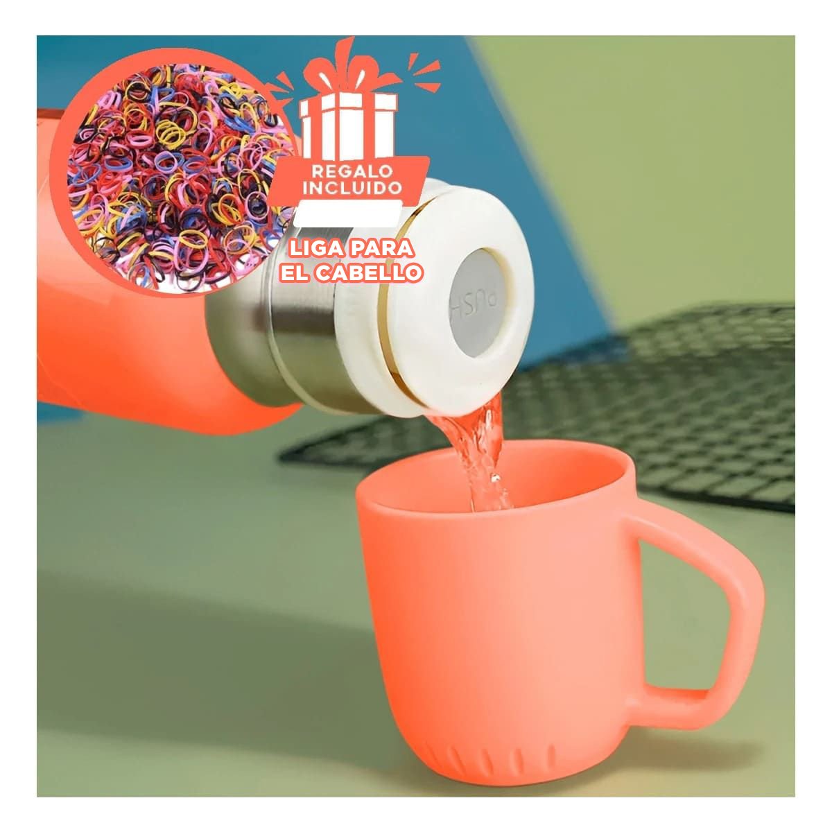 RECIPIENTE TERMICO DE 500 ML CON 3 TAZAS NARANJA PARA USO DIARIO EN HOGAR Y+LIGAS REGALO - 2