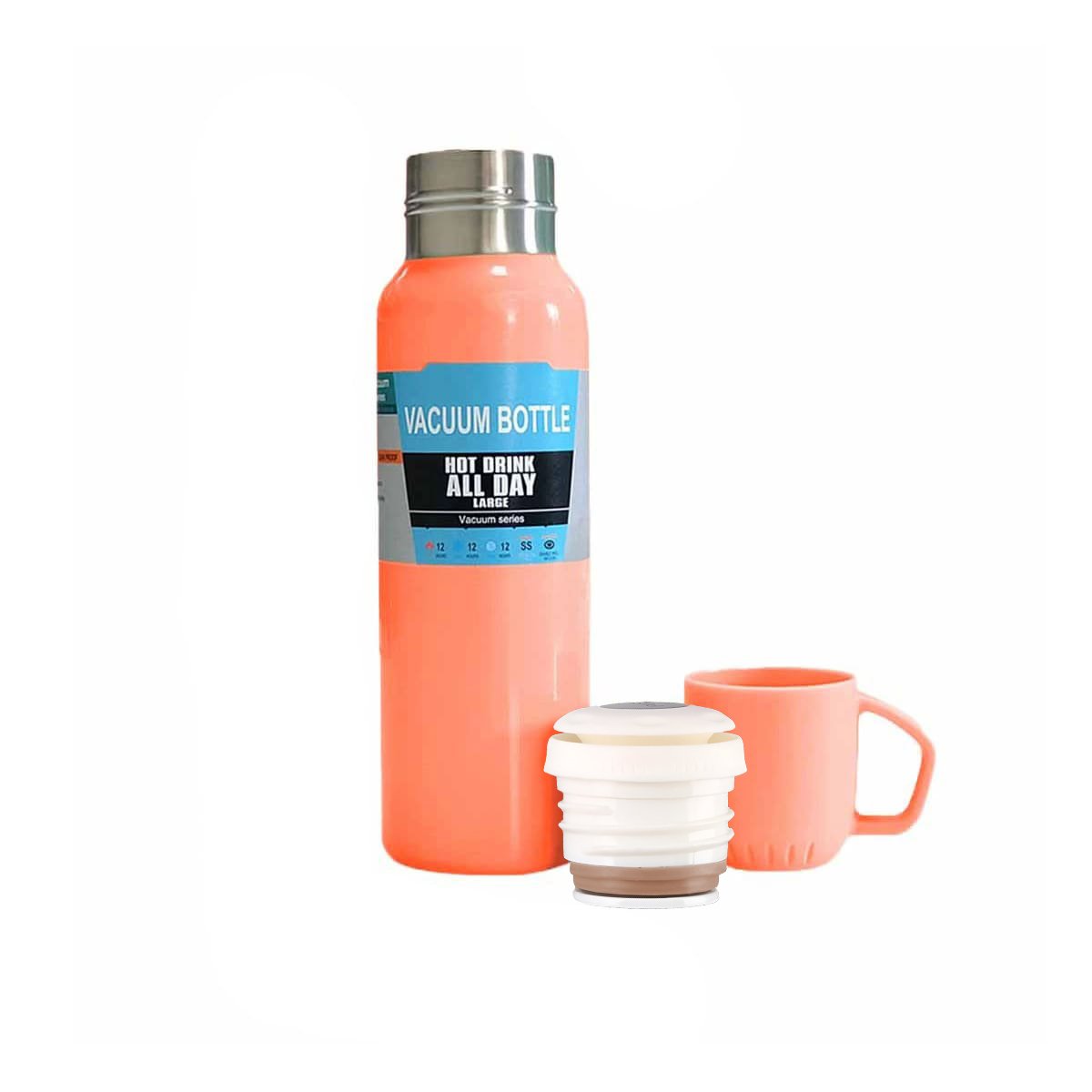RECIPIENTE TERMICO DE 500 ML CON 3 TAZAS NARANJA PARA USO DIARIO EN HOGAR Y+LIGAS REGALO - 5