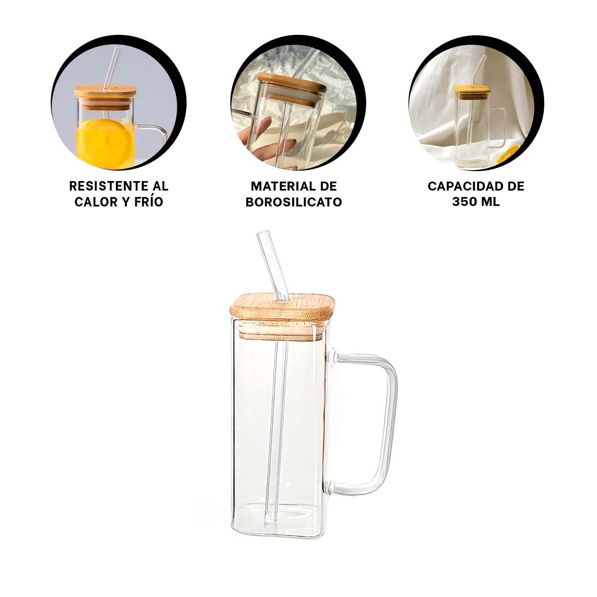 JARRO CON ASA DE VIDRIO 350 ML CON TAPA Y SORBETE TRANSPARENTE MODERNO Y+PAPEL REGALO - 5