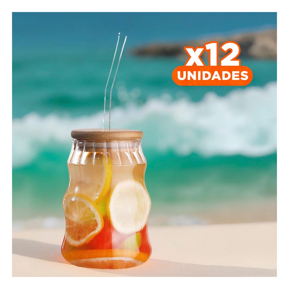 PACK12 RECIPIENTE RAYADO DE VIDRIO 500 ML CON TAPA AJUSTADA Y+REGALO STICKER - 1