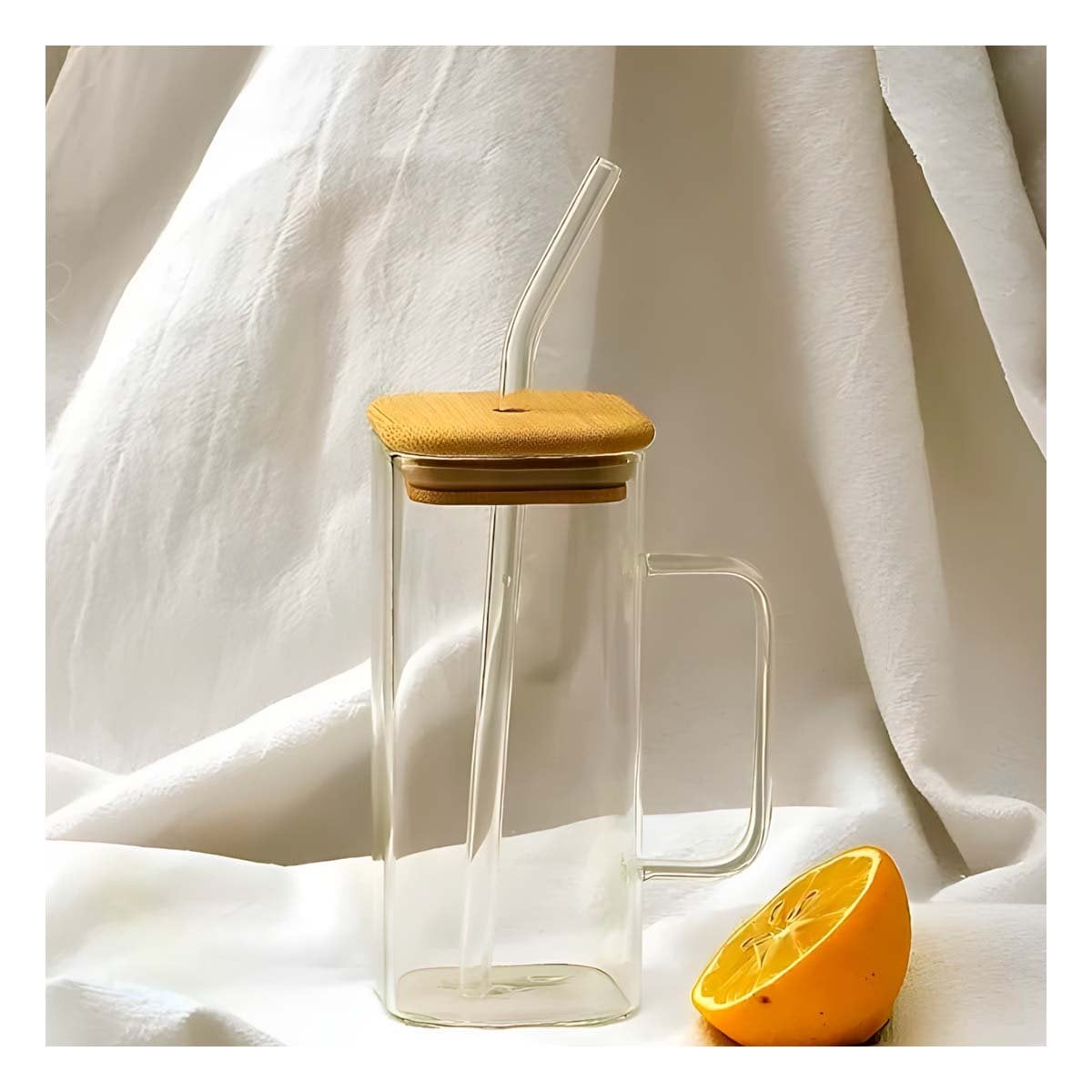 VASO CON ASA DE VIDRIO 350 ML CON TAPA Y SORBETE TRANSPARENTE RECTO - 1