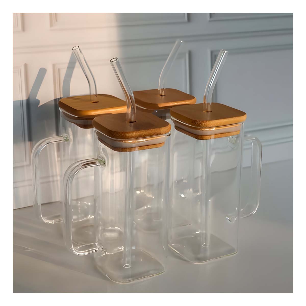 VASO CON ASA DE VIDRIO 350 ML CON TAPA Y SORBETE TRANSPARENTE RECTO - 3