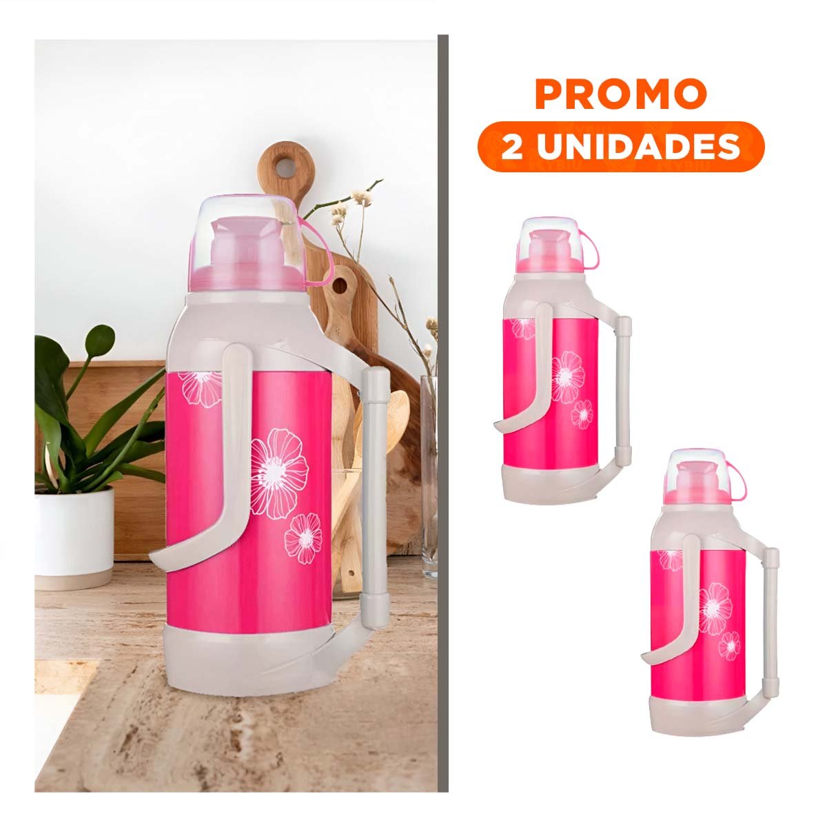 PACK2 BOTELLA FLORAL 3200ML ROSADO PERFECTA PARA BEBIDAS FRIAS Y CALIENTES Y+REGALO STICKER - 1