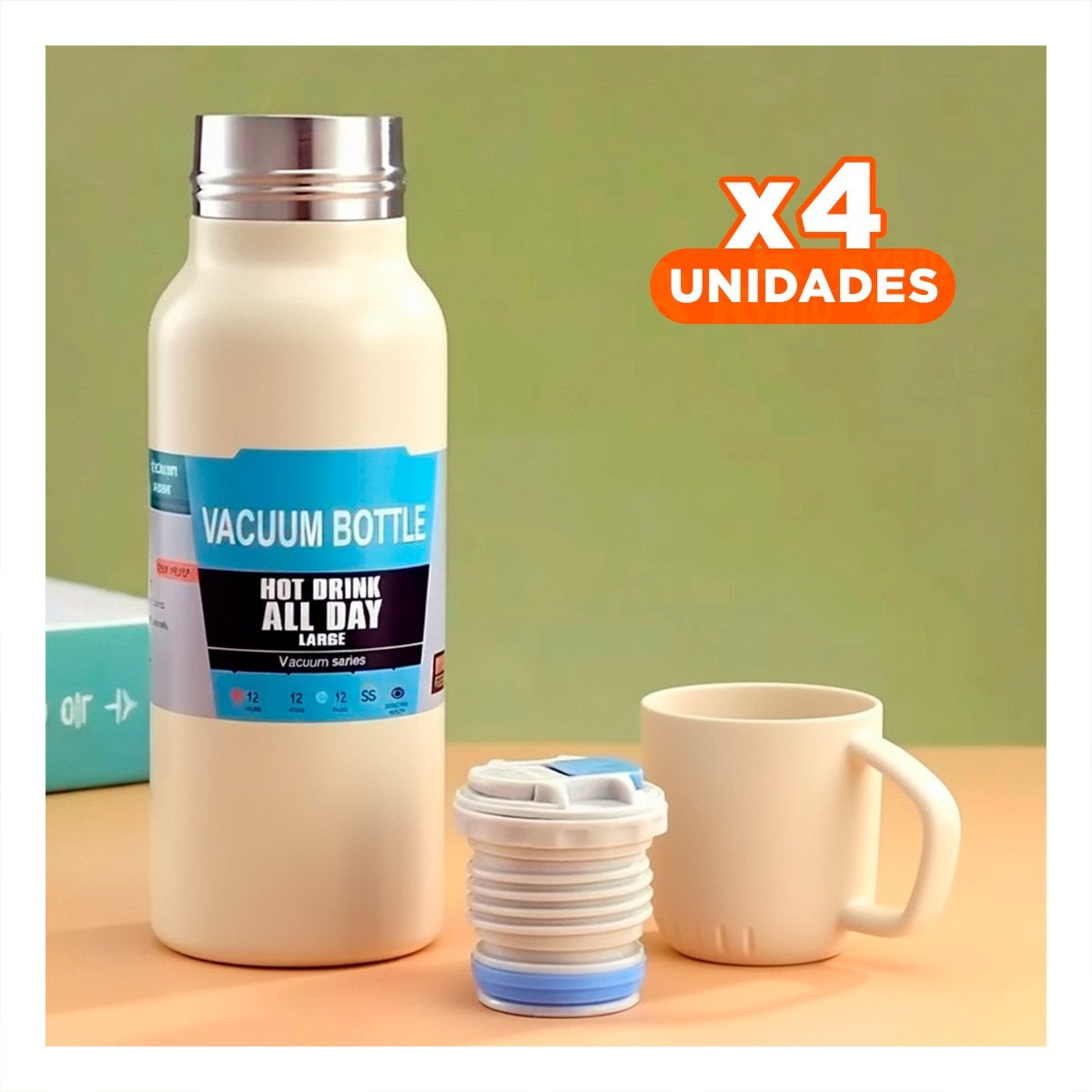 PACK4 VASO INSULADO 500 ML CON 3 TAZAS CREMA PARA ESCRITORIO Y HOGAR Y+PAPEL REGALO - 1