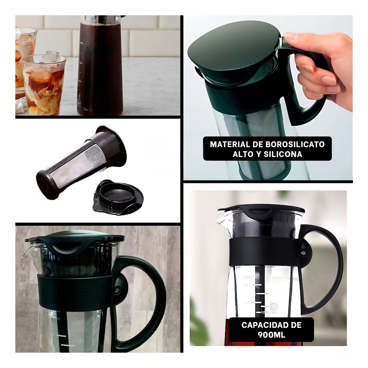 PACK4 UTENSILIO DE VIDRIO 900 ML CON FILTRO TRANSPARENTE Y TAPA NEGRA COCINA Y+REGALO STICKER - 2
