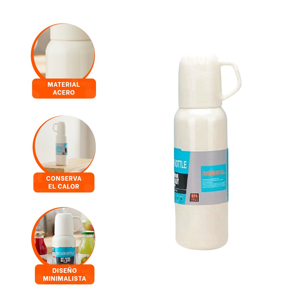 BOTELLA TERMICA DE 500 ML CON 3 TAZAS CREMA PARA VIAJES Y TRABAJO DIARIO Y+PAPEL REGALO - 5
