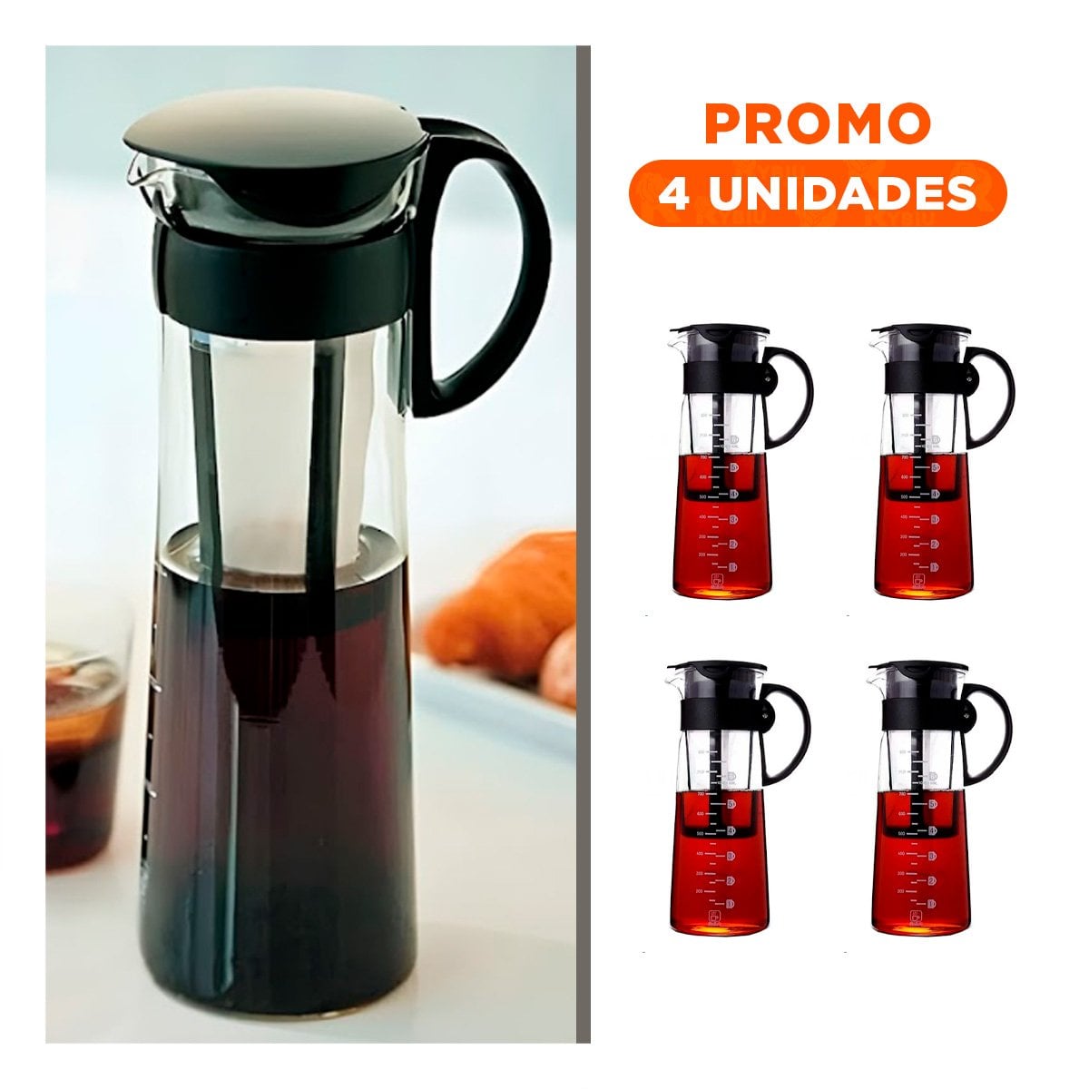 PACK4 CARAFE DE VIDRIO 900 ML CON FILTRO PRACTICO Y TAPA NEGRA PARA HOGAR - 1