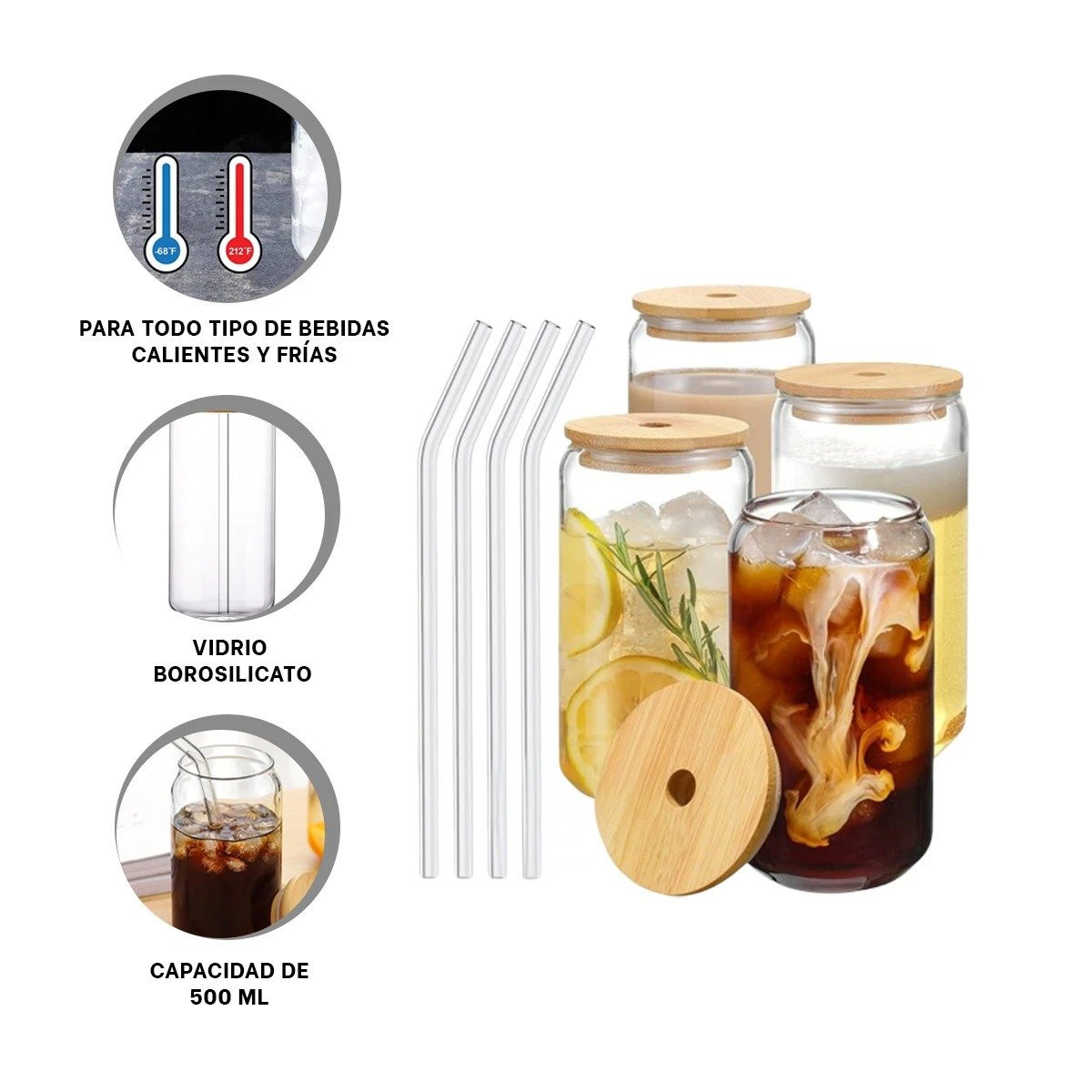 COPA DE VIDRIO 500ML CON TAPA Y SORBETE TRANSPARENTE ESTILO RECTO Y+PAPEL REGALO - 5