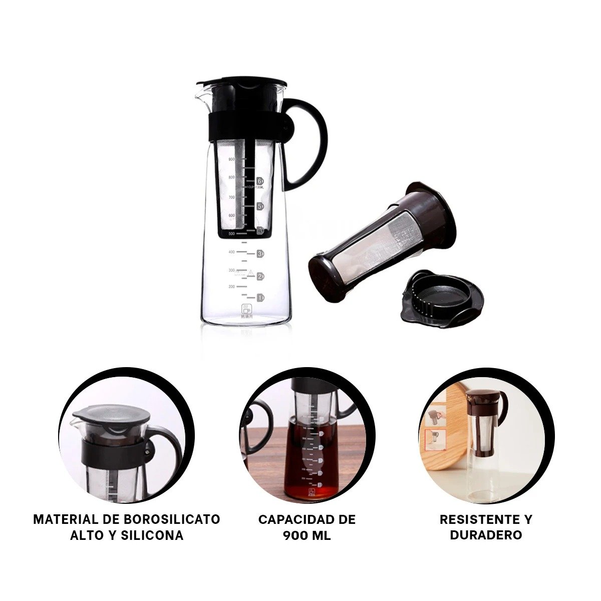 RECIPIENTE DE VIDRIO 900 ML CON FILTRO Y TAPA NEGRA TRANSPARENTE PARA HOGAR Y+PAPEL REGALO - 5