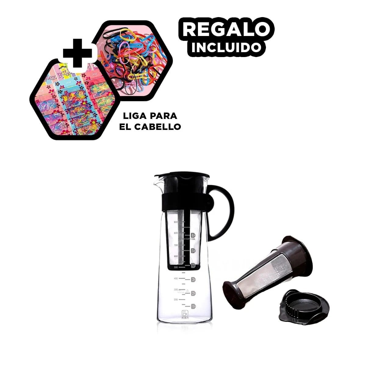 PITCHER DE VIDRIO 900 ML CON FILTRO PRACTICO TRANSPARENTE Y TAPA NEGRA Y+LIGAS REGALO - 2