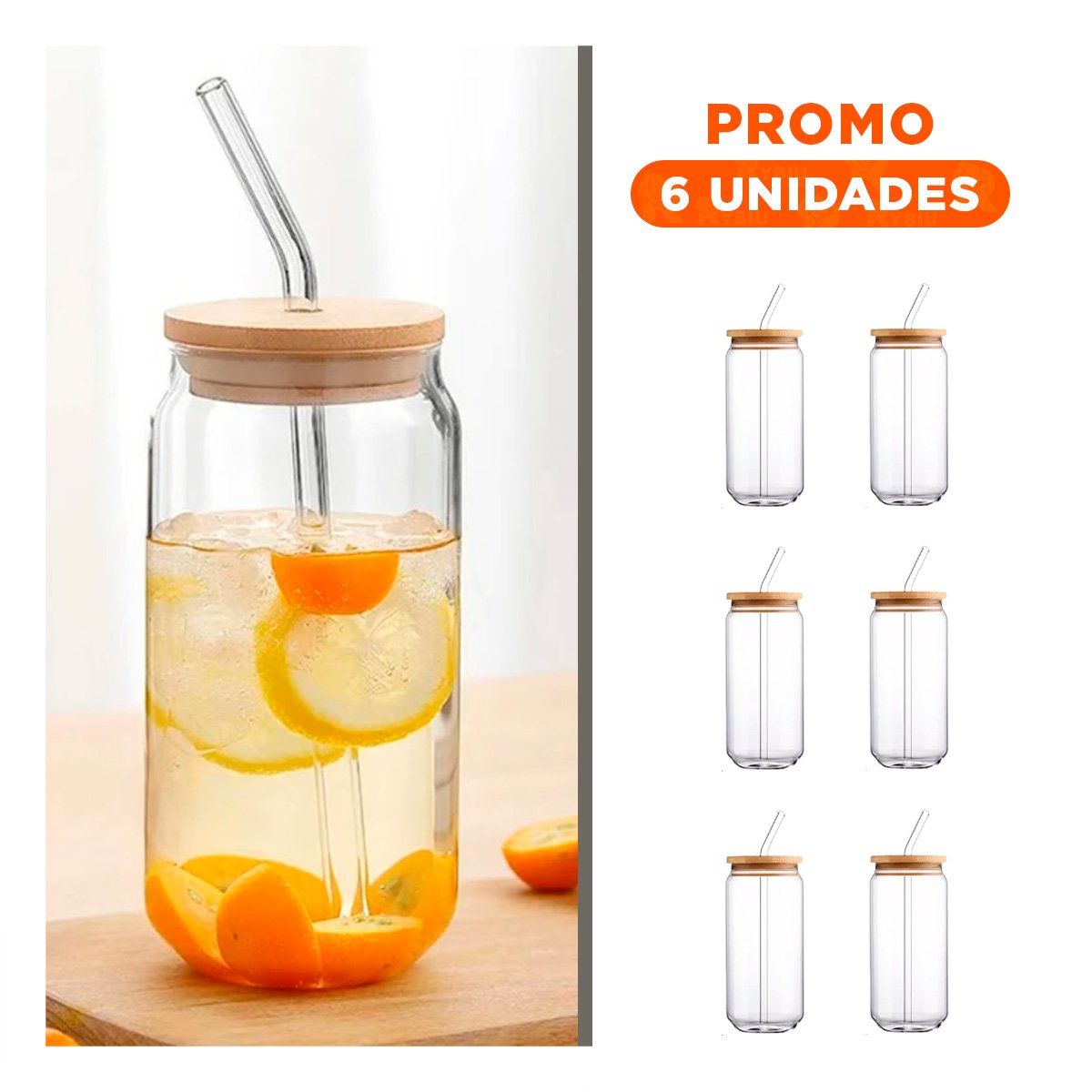 PACK6 CONTENEDOR TRANSPARENTE DE VIDRIO 500ML CON TAPA Y SORBETE RECTO Y+REGALO STICKER - 1