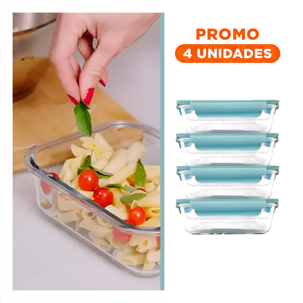PACK4 TAPER DE VIDRIO 410 ML CON TAPA CHICO CELESTE PARA ALMUERZO - 1