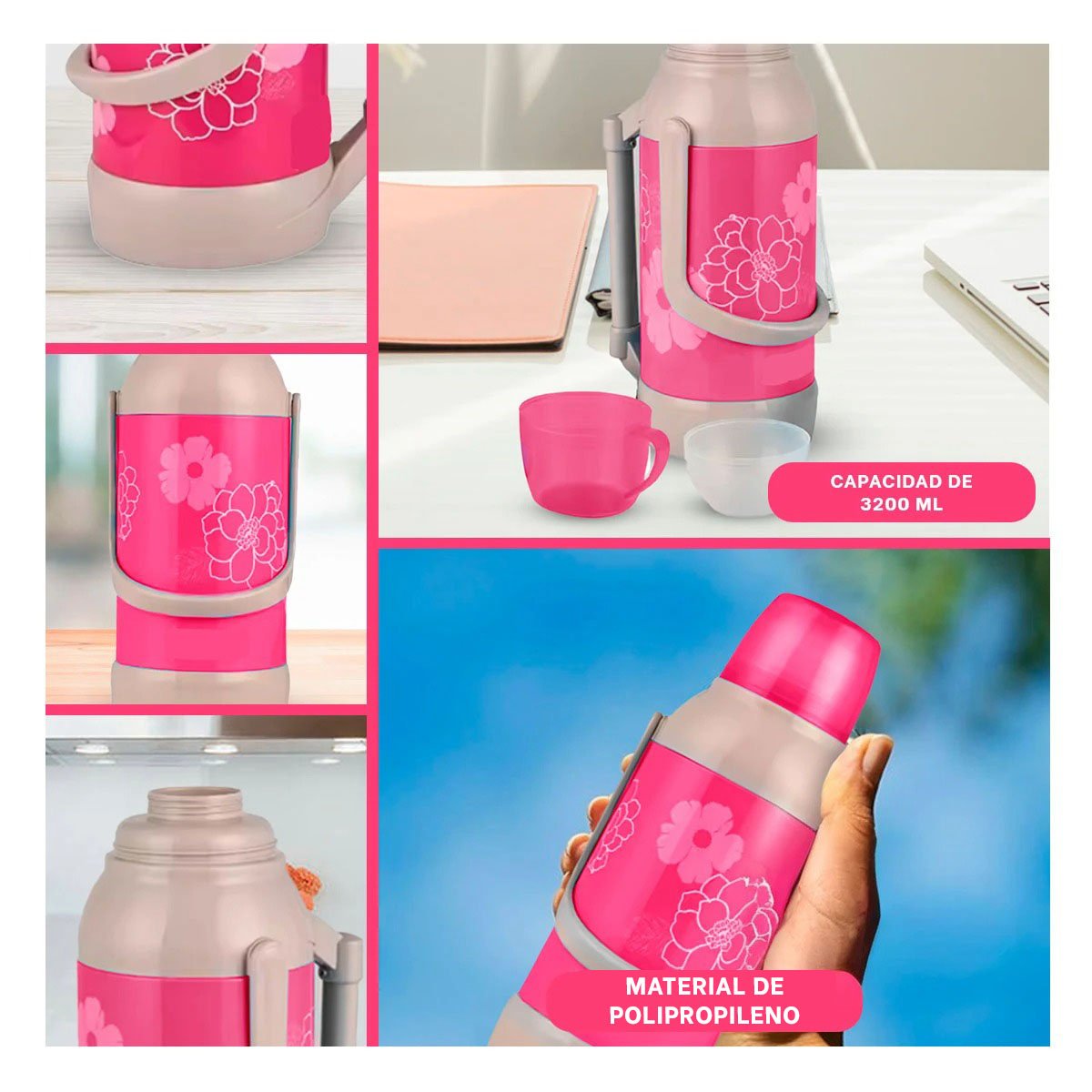 TERMO FLORES 3200ML ROSADO MANTIENE LIQUIDOS POR HORAS PARA OFICINA Y+PAPEL REGALO - 3