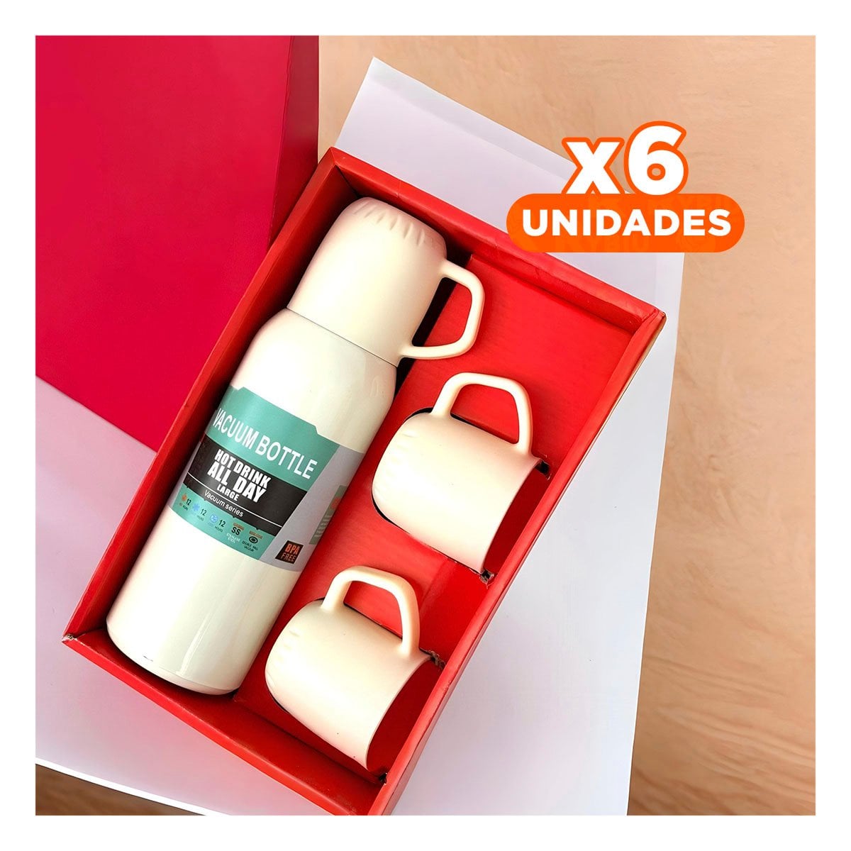 PACK6 VASO PORTATIL 500 ML CON 3 TAZAS CREMA PARA TRASLADOS - 1