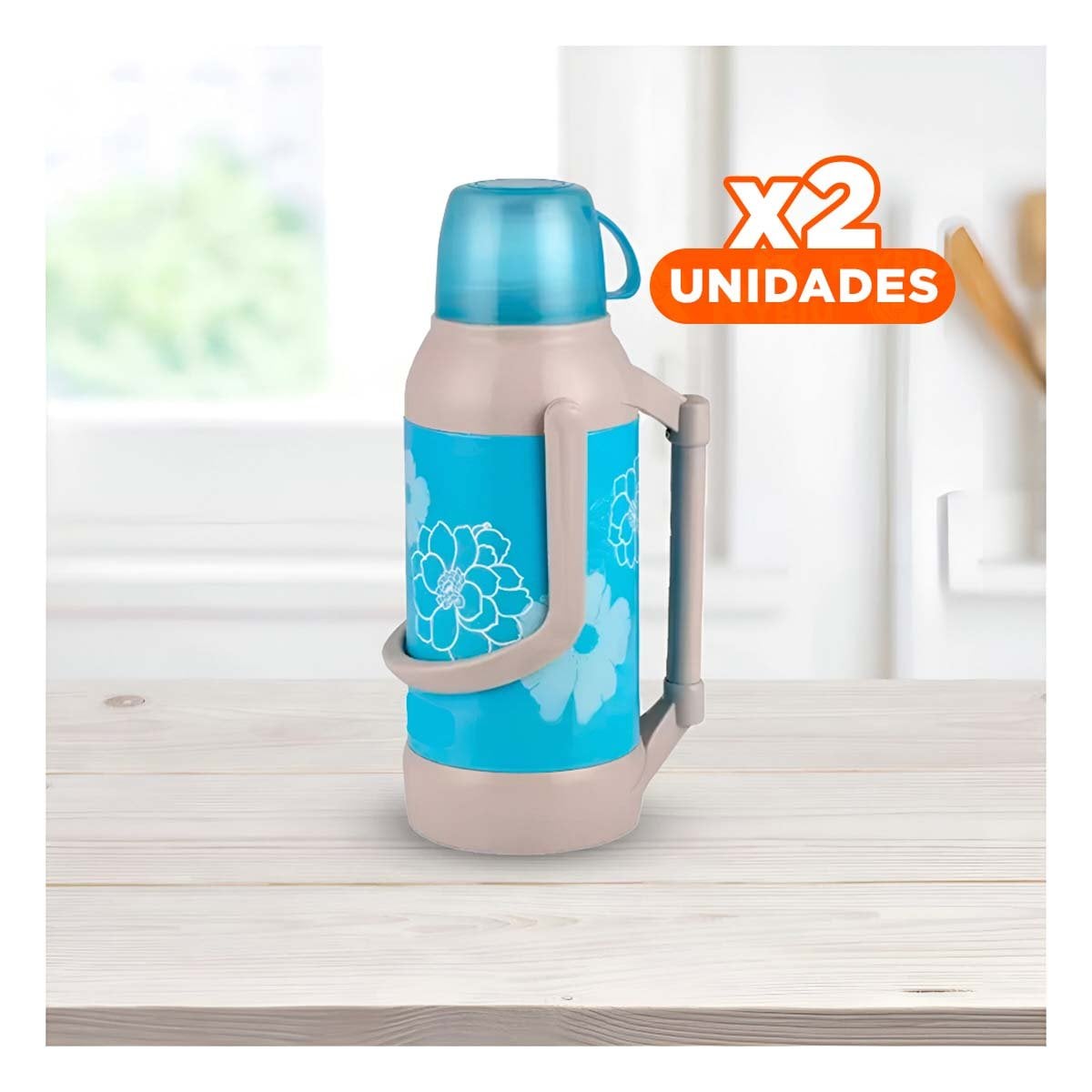 PACK2 BOTELLA 3200ML FLORES CELESTE MANTIENE CAFE Y TE A LA TEMPERATURA CORRECTA Y+PAPEL REGALO - 1