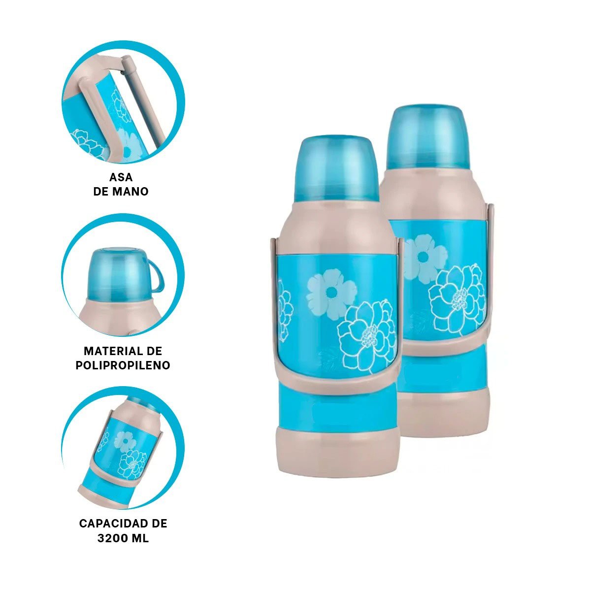 TERMO FLORES 3200ML CELESTE PRACTICO PARA BEBIDAS FRIAS Y CALIENTES Y+POST IT - 5