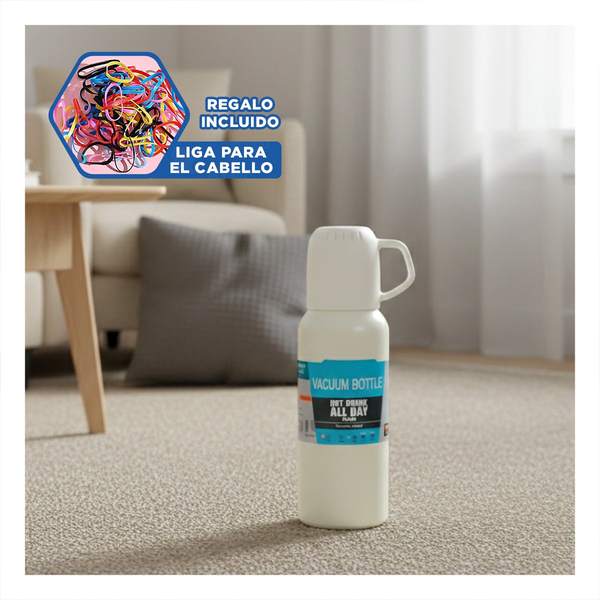 RECIPIENTE TERMICO DE 500 ML CON 3 TAZAS CREMA PARA USO DIARIO EN HOGAR Y+LIGAS REGALO - 2
