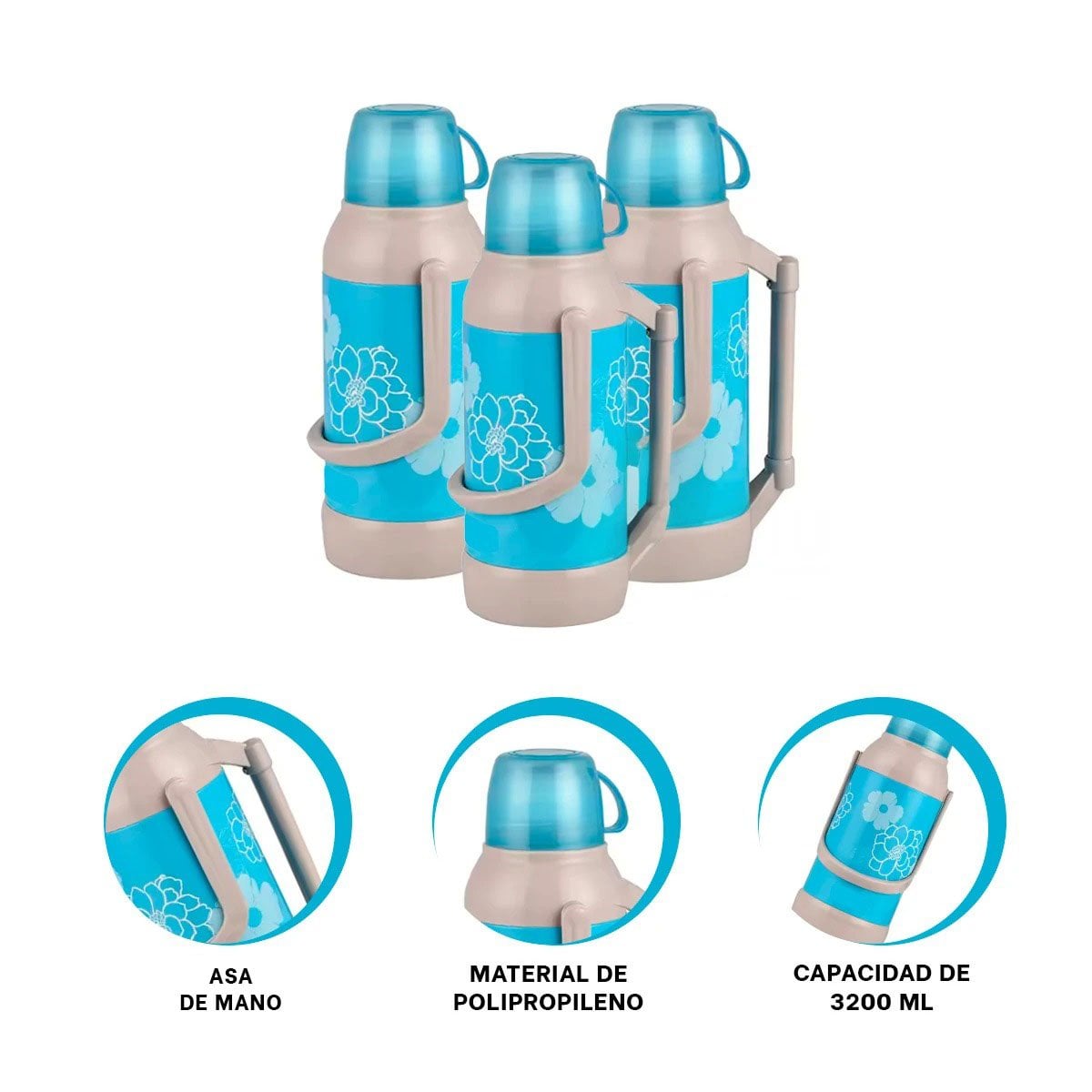 TERMO FLORES 3200ML CELESTE MANTIENE LIQUIDOS POR HORAS PARA OFICINA Y+PAPEL REGALO - 5