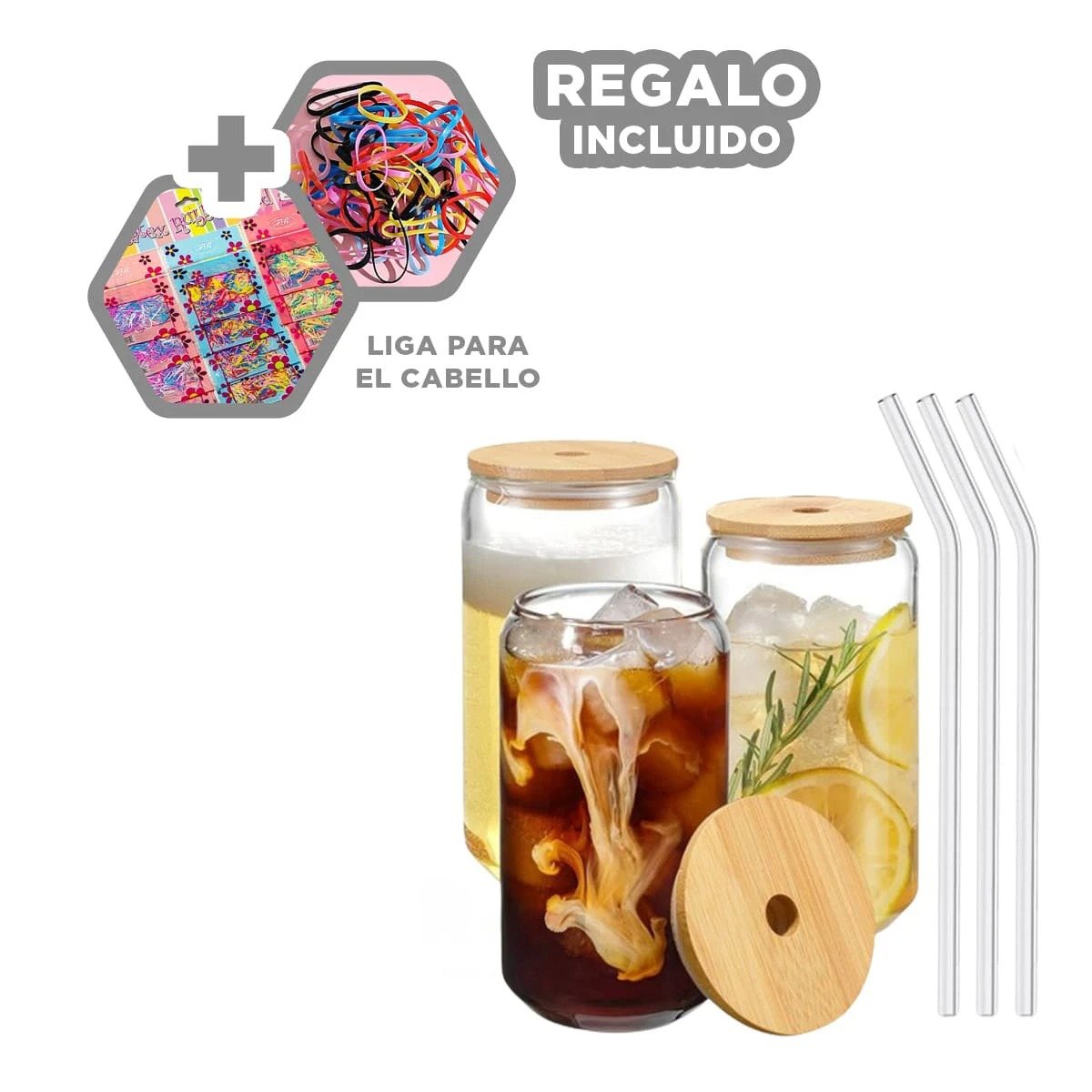 RECIPIENTE DE VIDRIO 500ML CON TAPA Y SORBETE TRANSPARENTE ESTILO RECTO Y+LIGAS REGALO - 2