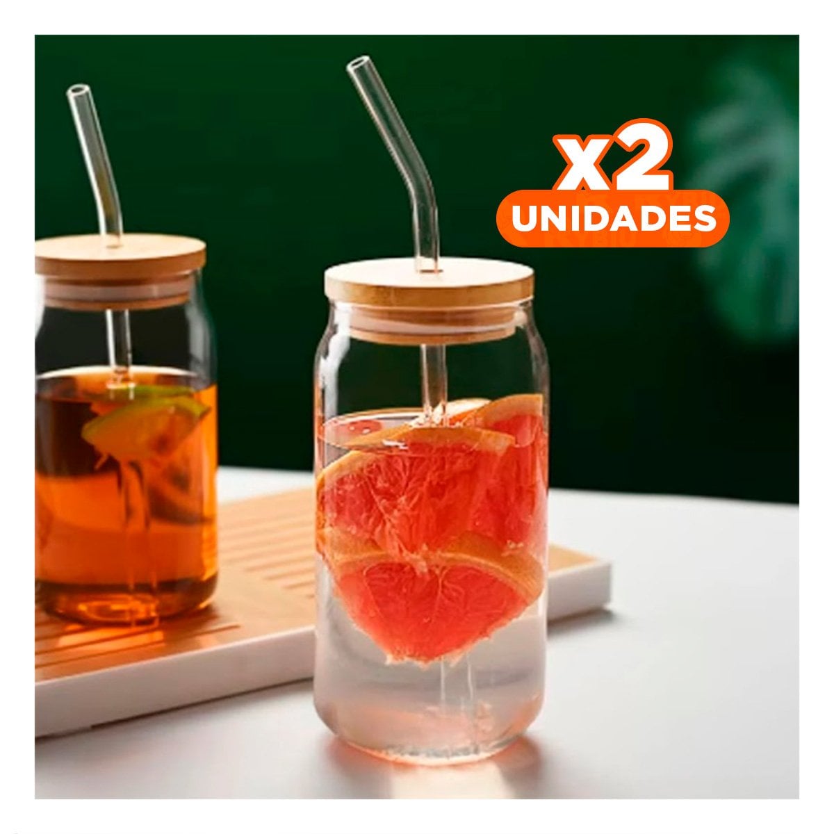 PACK2 BOTELLA DE VIDRIO 500ML CON TAPA Y SORBETE TRANSPARENTE ESTILO RECTO - 1