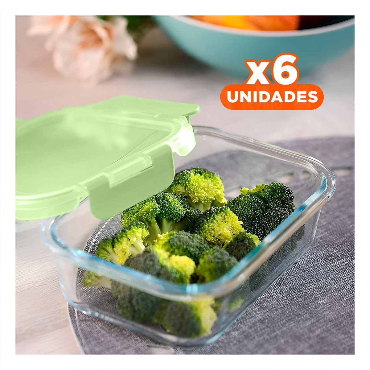 PACK6 CAJA HERMETICA DE VIDRIO 410 ML CON TAPA VERDE CHICO HOGAR COCINA - 1