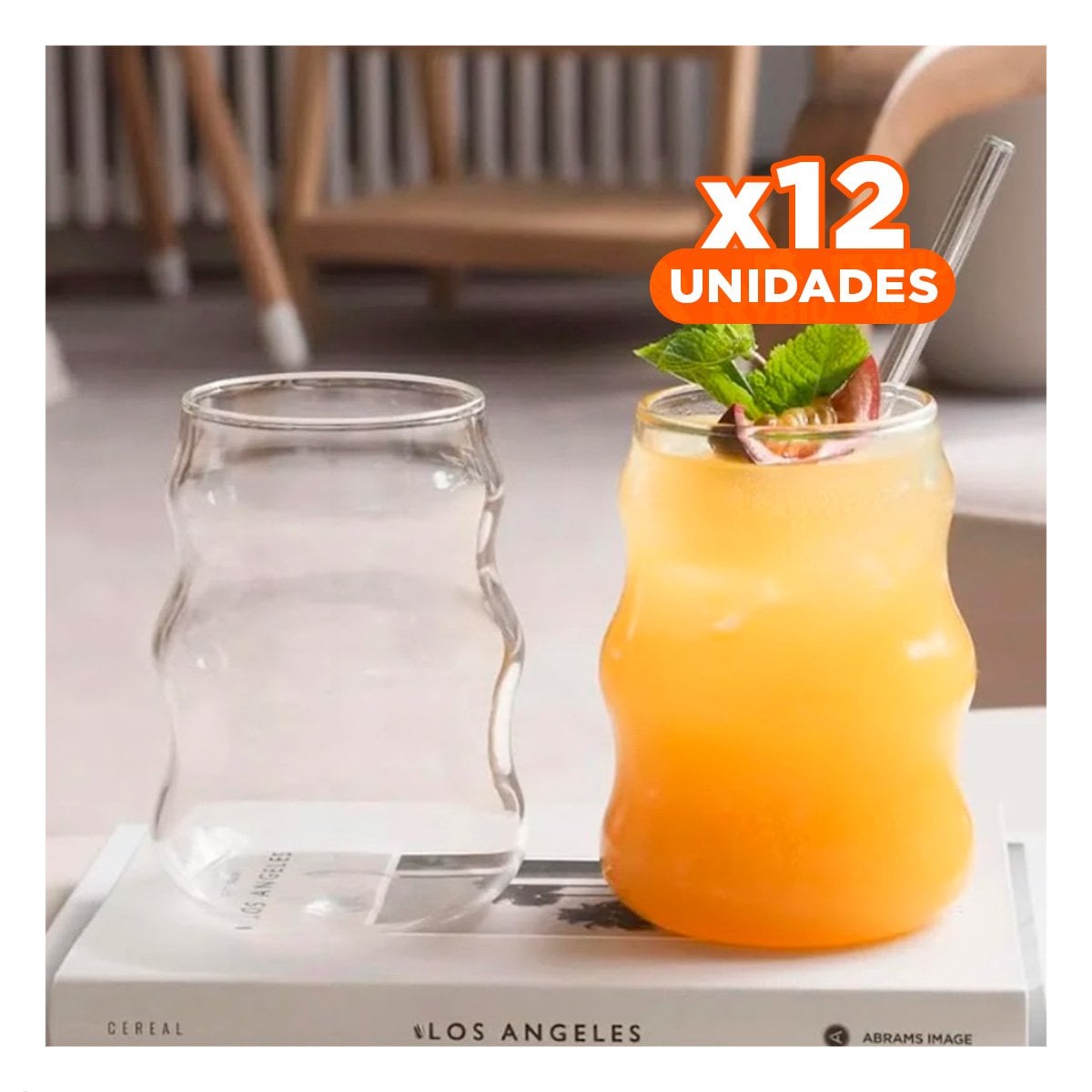 PACK12 RECIPIENTE DE VIDRIO 500ML TAPA Y SORBETE TRANSPARENTE ESTILO CURVAS Y+REGALO STICKER - 1