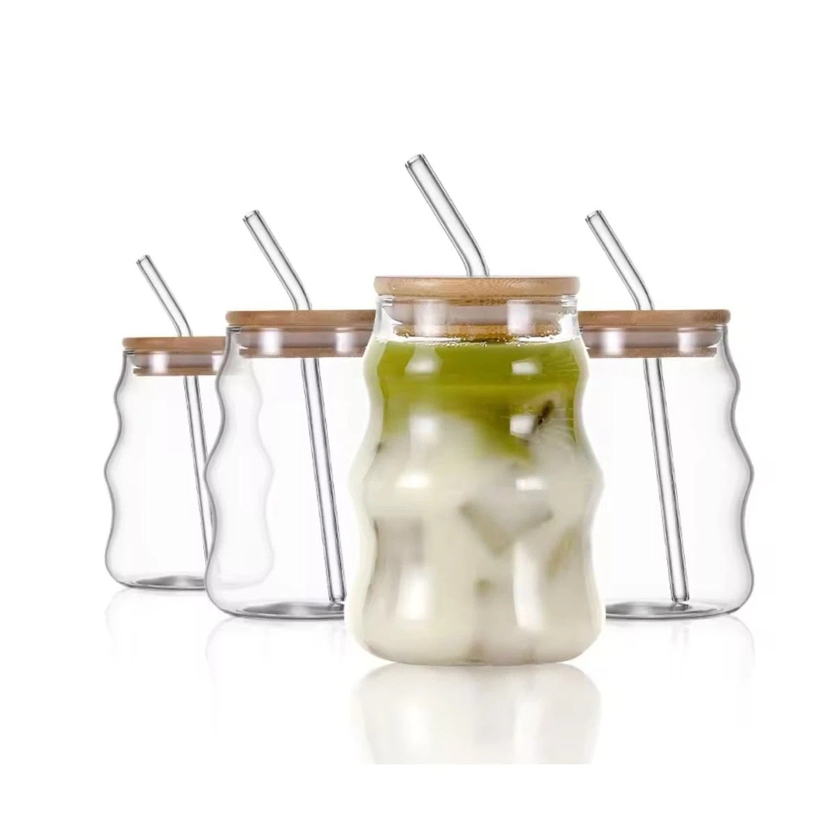 PACK12 RECIPIENTE DE VIDRIO 500ML TAPA Y SORBETE TRANSPARENTE ESTILO CURVAS Y+REGALO STICKER - 2