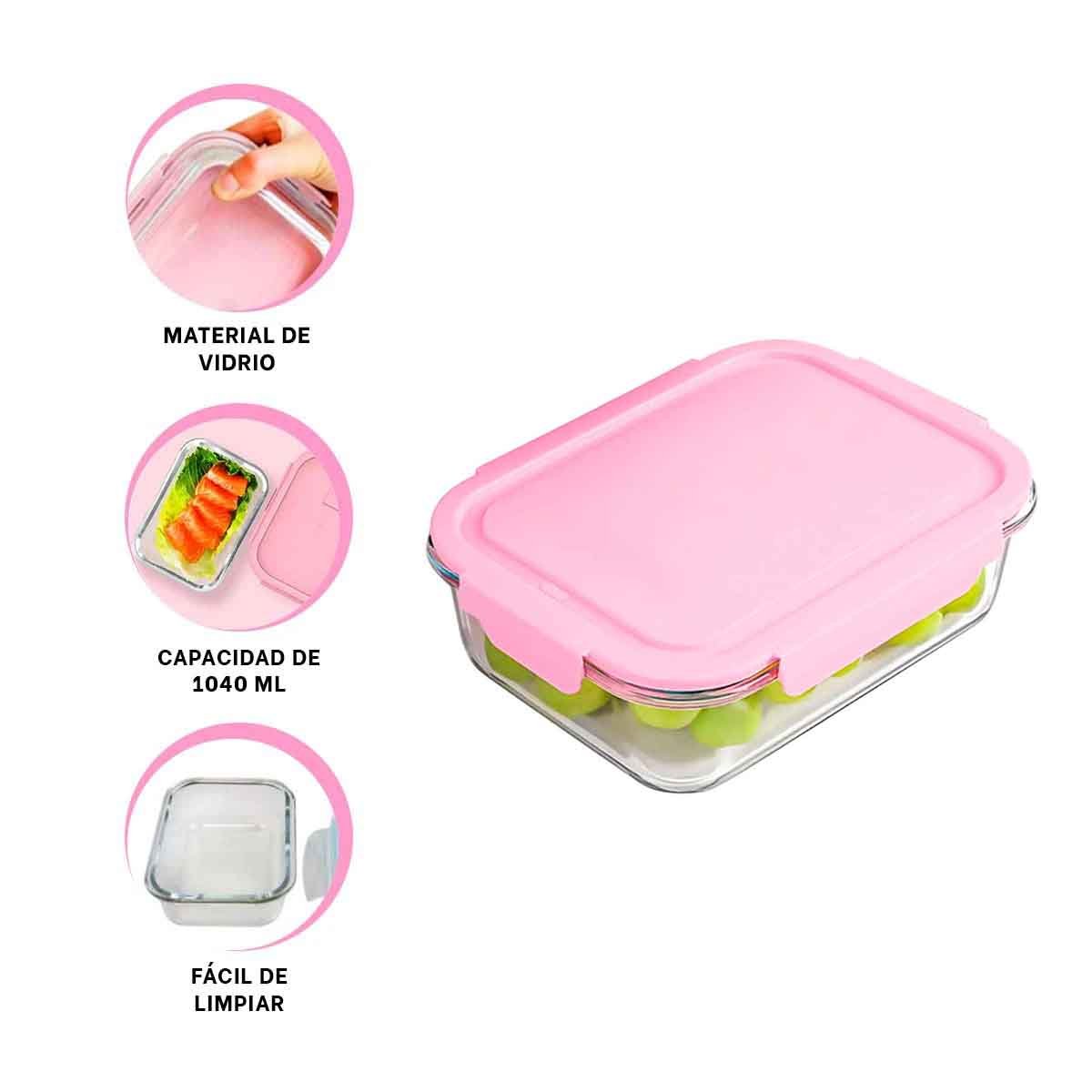 CONTENEDOR DE VIDRIO 1040 ML CON TAPA ROSADO PARA COCINA Y HOGAR PRACTICO Y+PAPEL REGALO - 5
