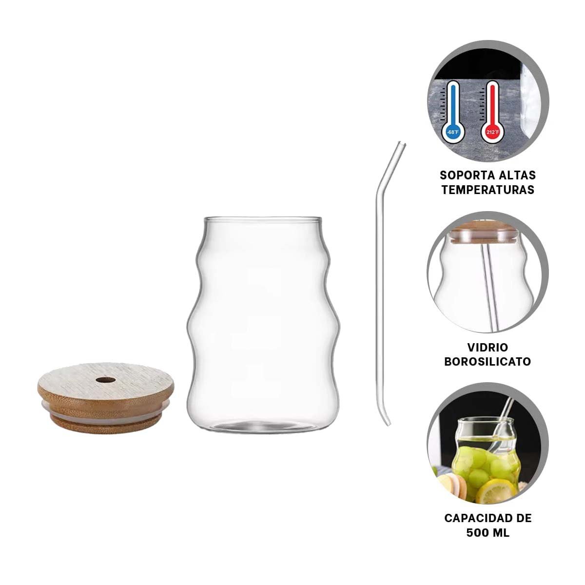 COPA DE VIDRIO 500ML CON TAPA Y SORBETE TRANSPARENTE ESTILO CURVAS RESISTENTE Y+POST IT - 5