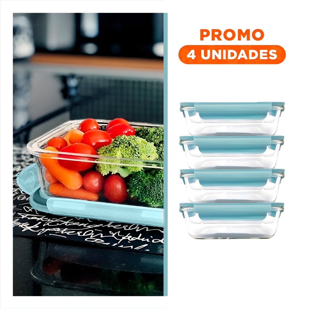 PACK4 VASO HERMETICO DE VIDRIO 1040 ML CON TAPA CELESTE PARA COCINA - 1