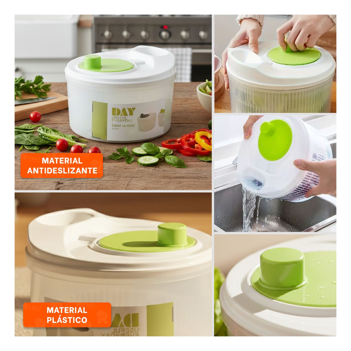 ESCURRIDOR PLASTICO CON TAPA Y GIRO PARA VERDURAS BLANCO CON VERDE DAY Y+LIGAS REGALO - 1