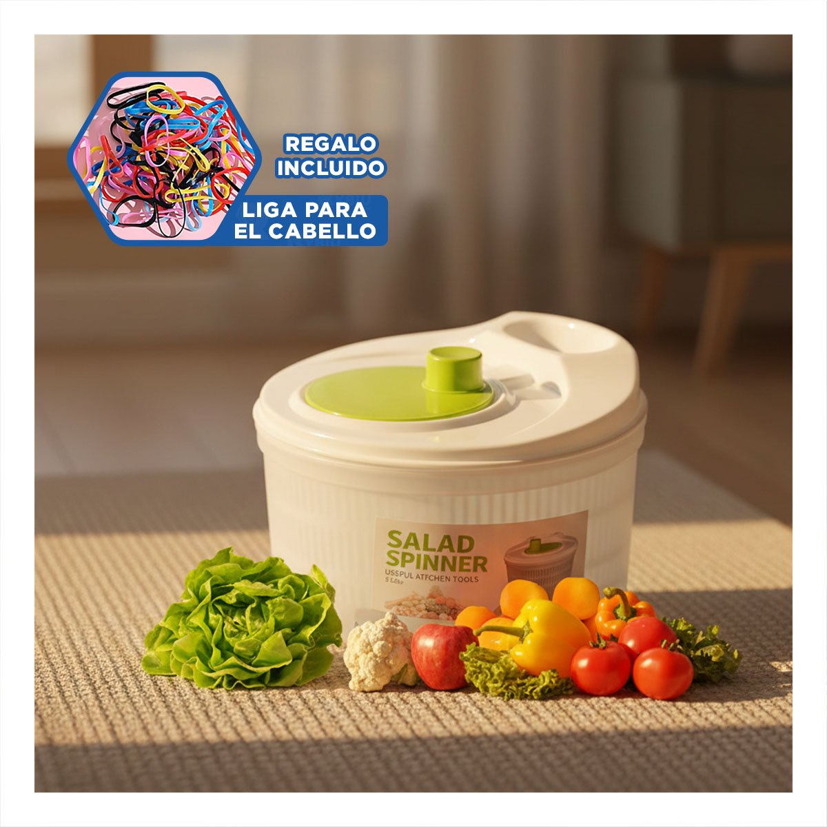 ESCURRIDOR PLASTICO CON TAPA Y GIRO PARA VERDURAS BLANCO CON VERDE DAY Y+LIGAS REGALO - 2