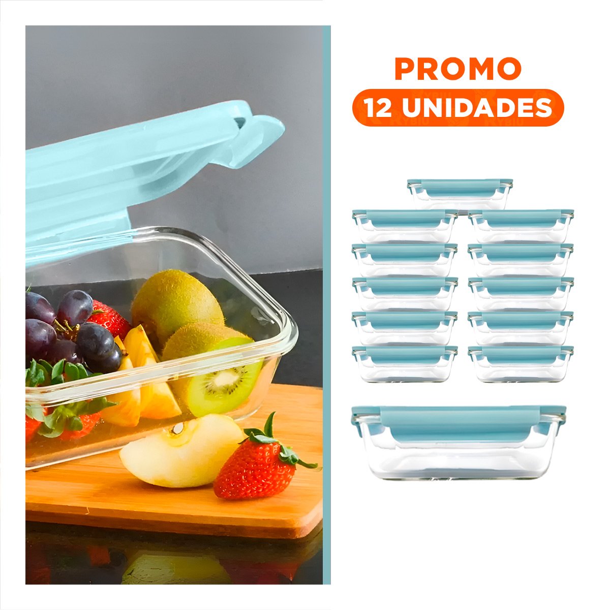 PACK12 LONCHERA DE VIDRIO 410 ML CON TAPA CHICO CELESTE PARA OFICINA - 1