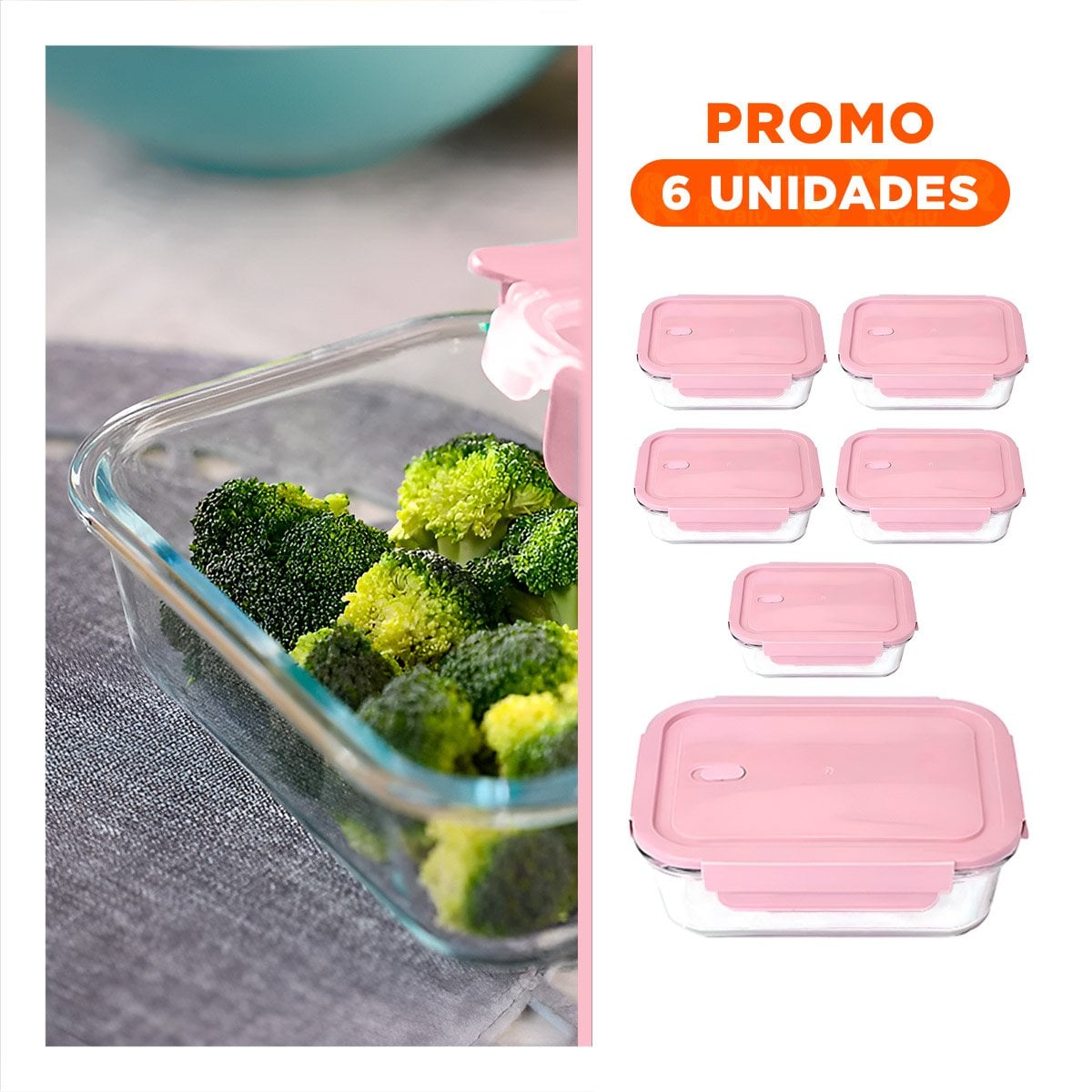 PACK6 PORTA COMIDA DE VIDRIO 410 ML CON TAPA RESISTENTE ROSADO CHICO Y+REGALO STICKER - 1