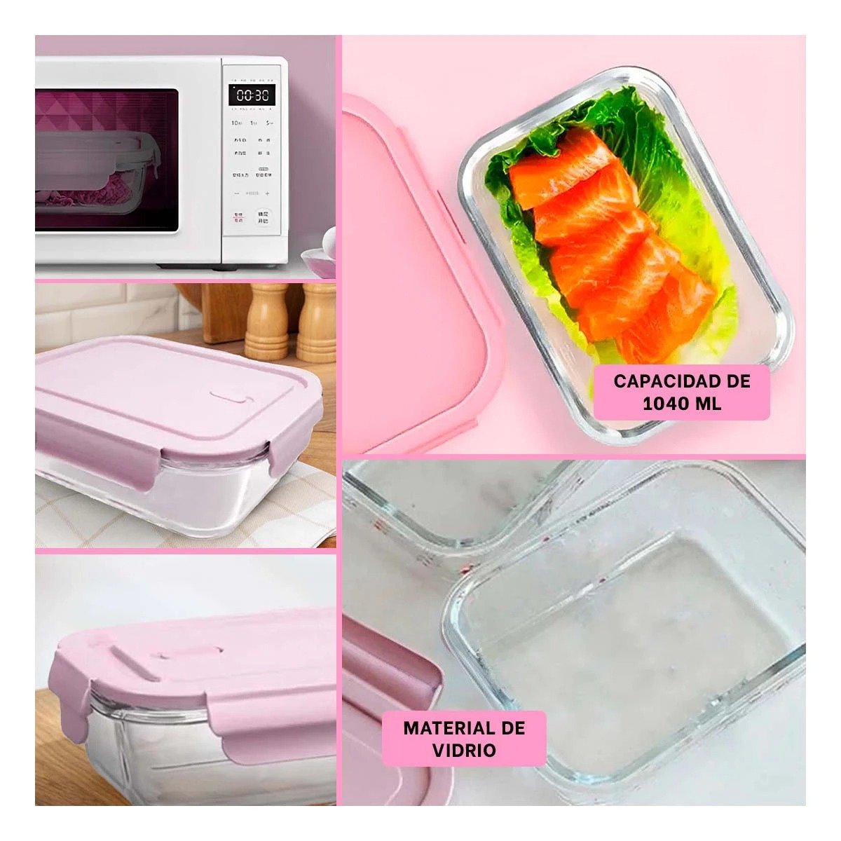 HERMETICO DE VIDRIO 1040 ML CON TAPA ROSADO PARA COCINA Y HOGAR DURADERO Y+POST IT - 2