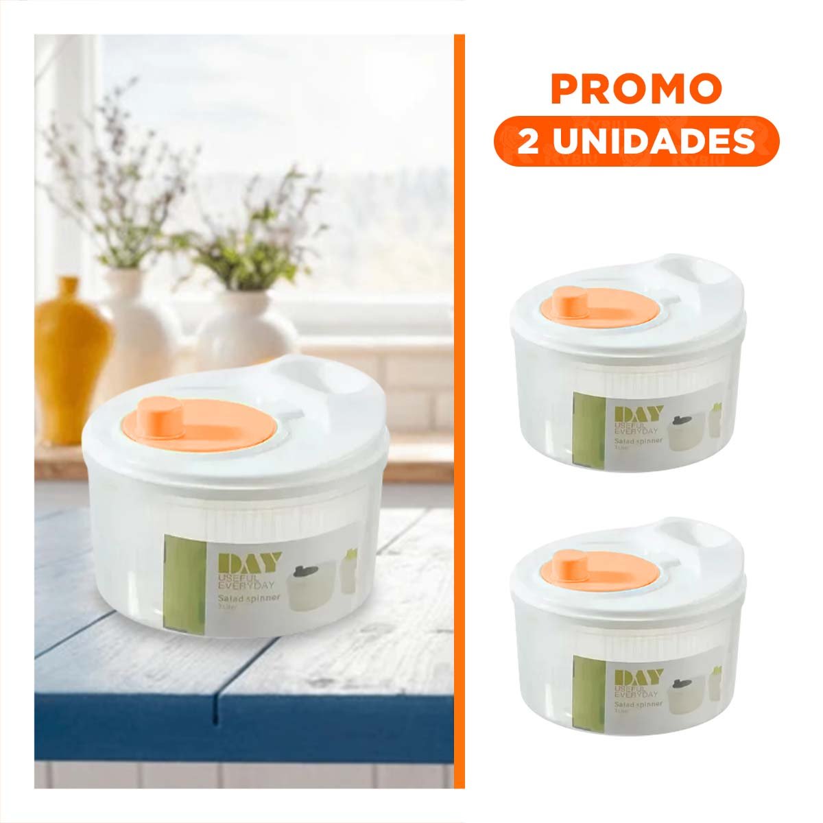 PACK2 CENTRIFUGADOR DOMESTICO PARA PREPARAR ENSALADAS BLANCO CON NARANJA DAY Y+REGALO STICKER - 1