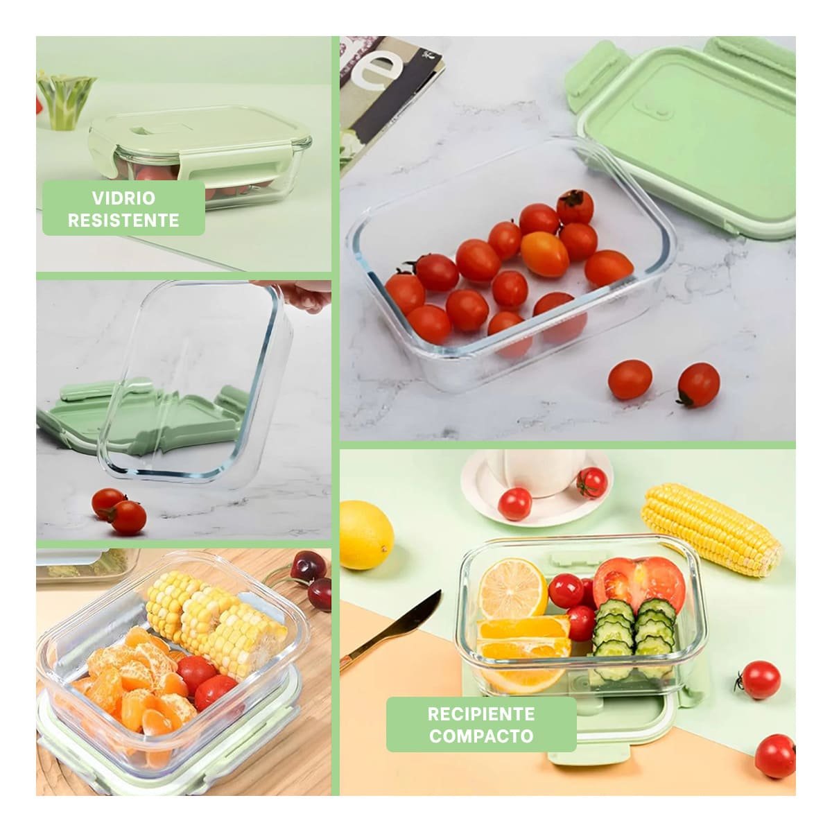 RECIPIENTE DE VIDRIO 1040 ML CON TAPA VERDE PARA ALMACENAR COMIDA Y+PAPEL REGALO - 3