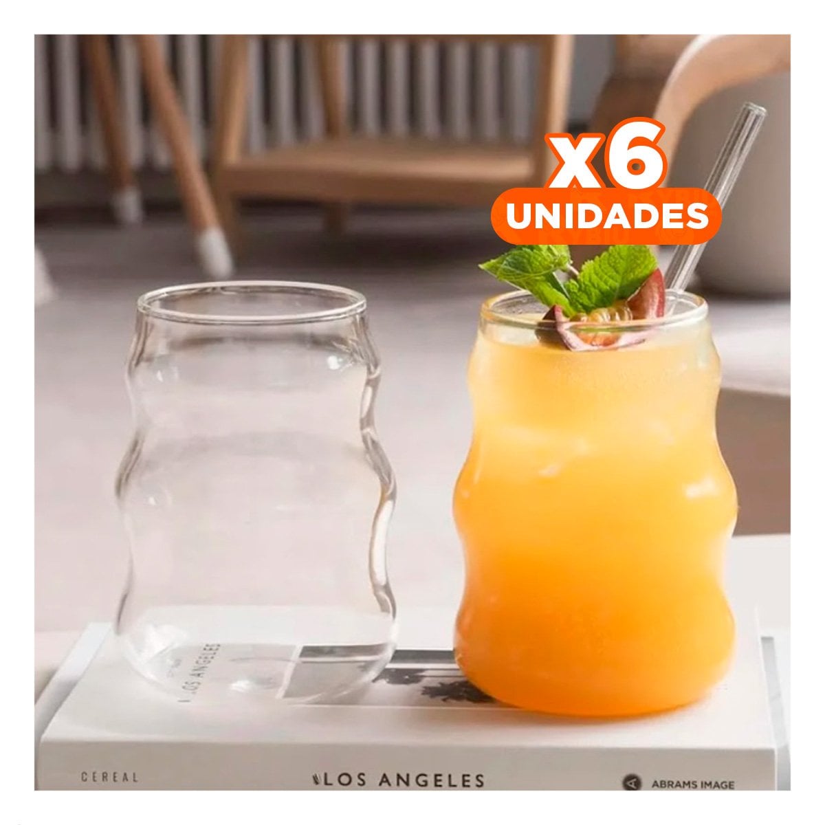 PACK6 TAZA DE VIDRIO 500ML TAPA Y SORBETE TRANSPARENTE ESTILO CURVAS PRACTICO Y+PAPEL REGALO - 1