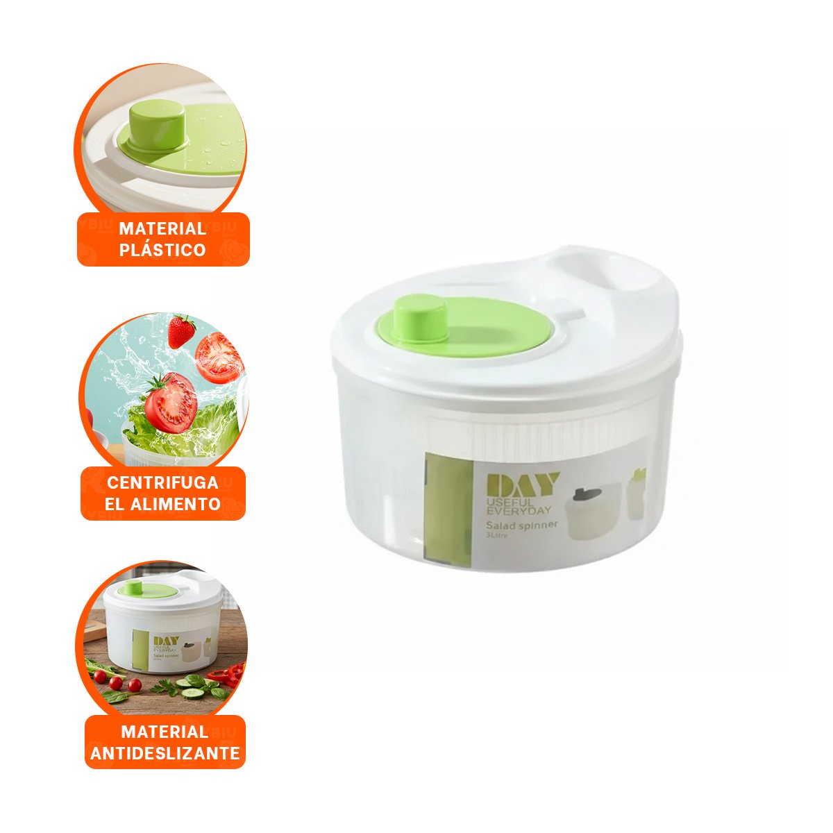 ESCURRIDOR MANUAL CON GIRO RAPIDO PARA VERDURAS Y FRUTAS BLANCO CON VERDE DAY Y+PAPEL REGALO - 5
