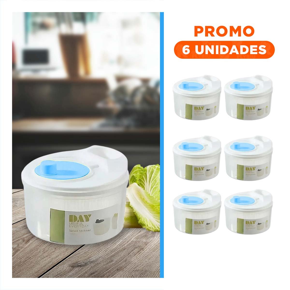 PACK6 SECADOR COMPACTO PARA ENSALADAS BLANCO CON AZUL DAY Y+REGALO STICKER - 1