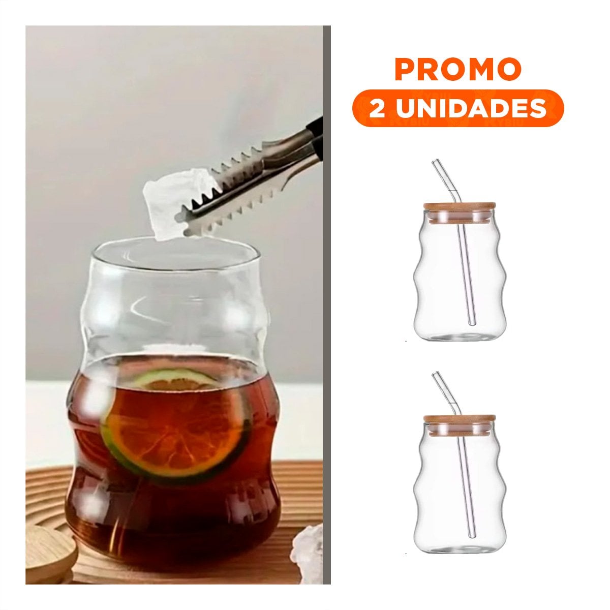 PACK2 VASO DE VIDRIO 500ML TAPA Y SORBETE TRANSPARENTE ESTILO CURVAS PRACTICO Y+REGALO STICKER - 1