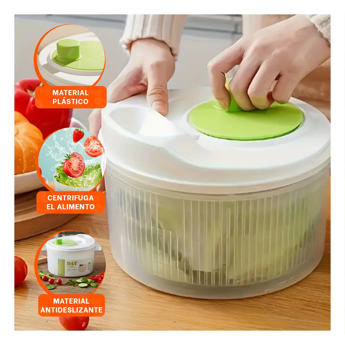 PACK2 CENTRIFUGADOR MANUAL DE COCINA PARA VERDURAS Y FRUTAS BLANCO CON VERDE DAY - 5