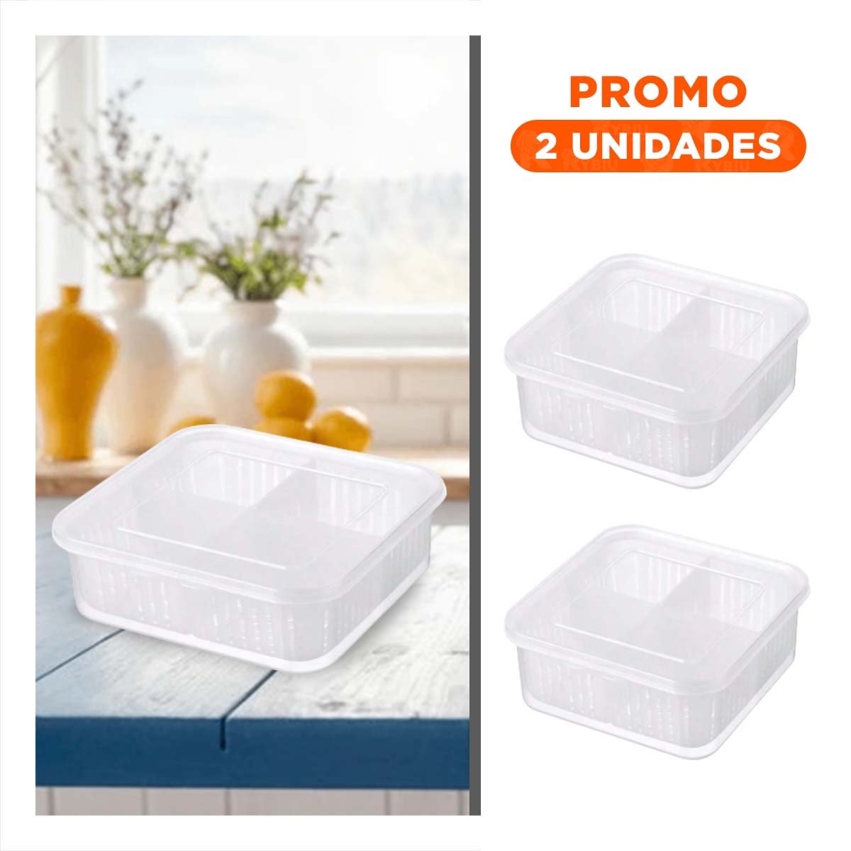 PACK2 RECIPIENTES ESCURRIDORES CON SISTEMA DE DRENAJE 4 EN 1 TRANSPARENTE Y+REGALO STICKER - 1