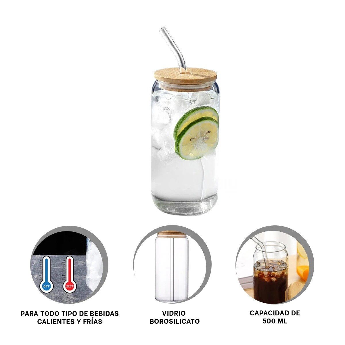 CONTENEDOR DE VIDRIO 500ML CON TAPA Y SORBETE TRANSPARENTE ESTILO RECTO Y+POST IT - 5
